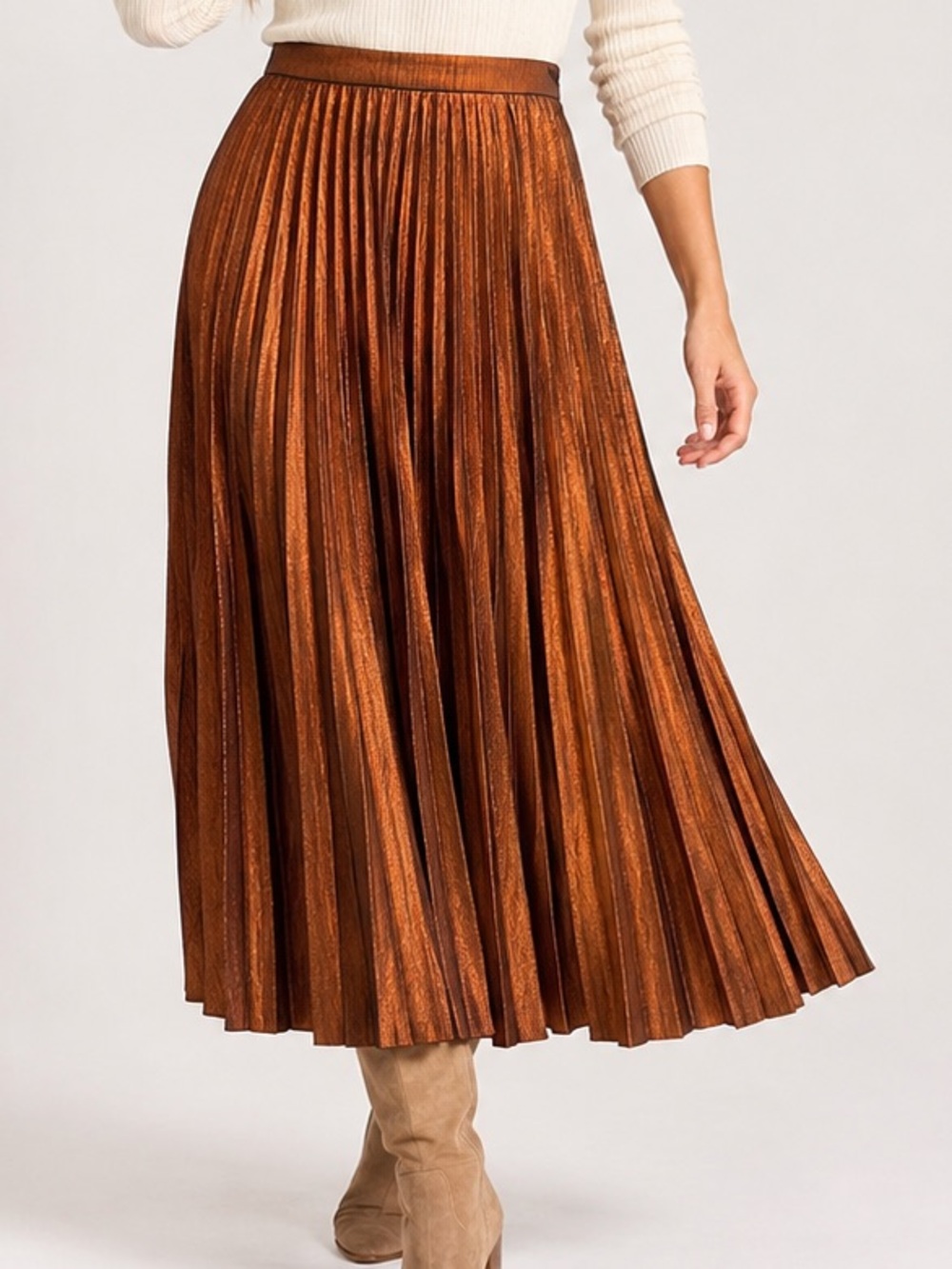 Flying Tomato Metallic Copper Pleated Midi Skirt Medium Rust Brown Shimmer